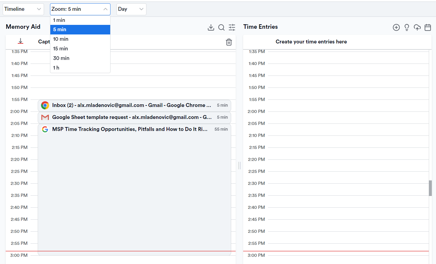 Memtime's automatic timeline