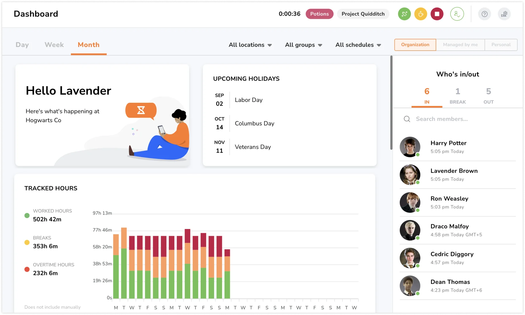 Jibble dashboard overview on a web app