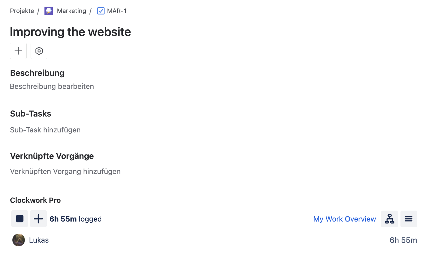 Der Timer von Clockwork Pro im Jira-Interface