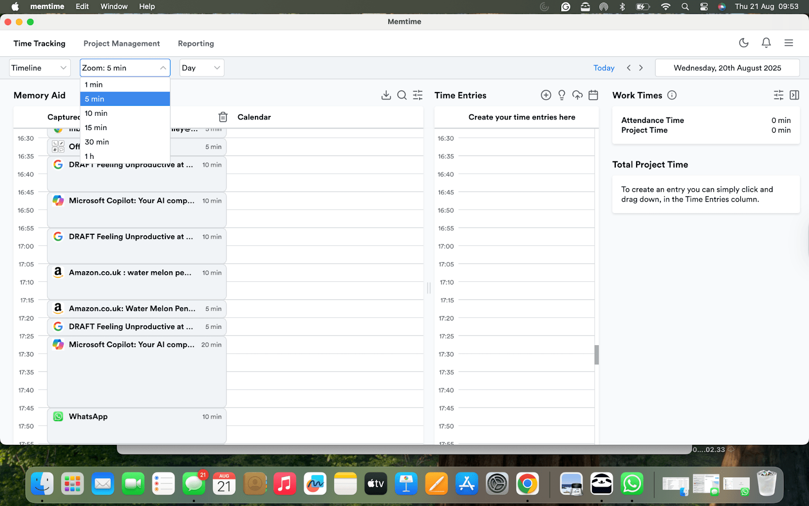 Memtime automatic time tracker interface