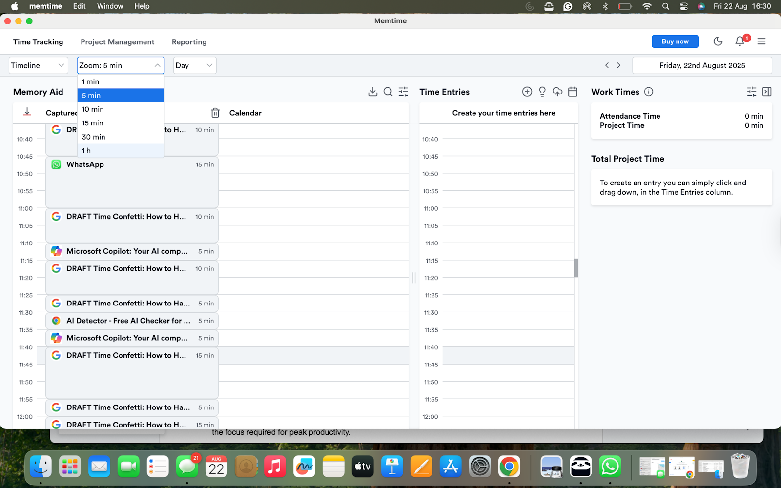 Memtime's automatic timeline