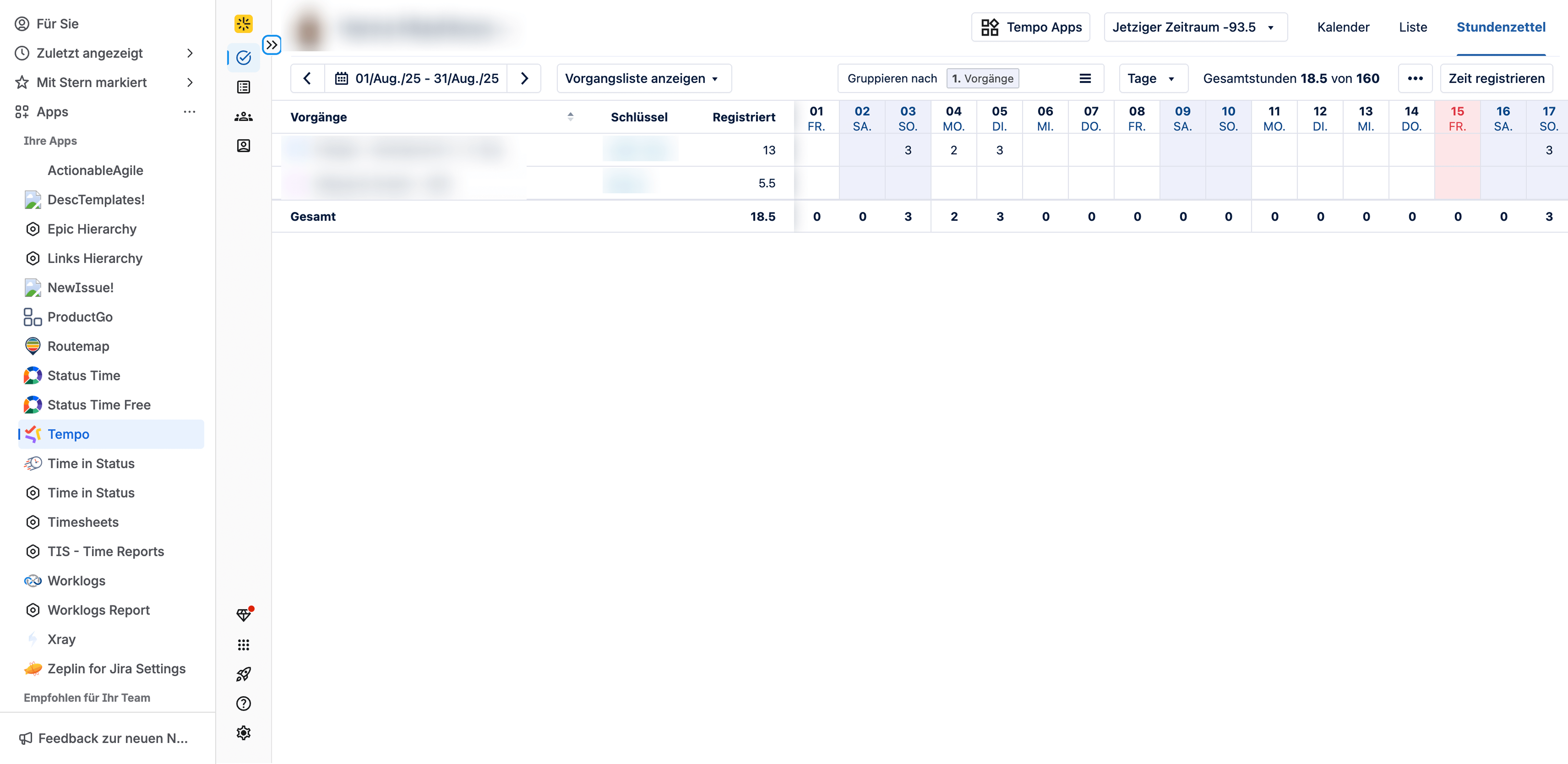 Benutzeroberfläche für Timesheets von Tempo