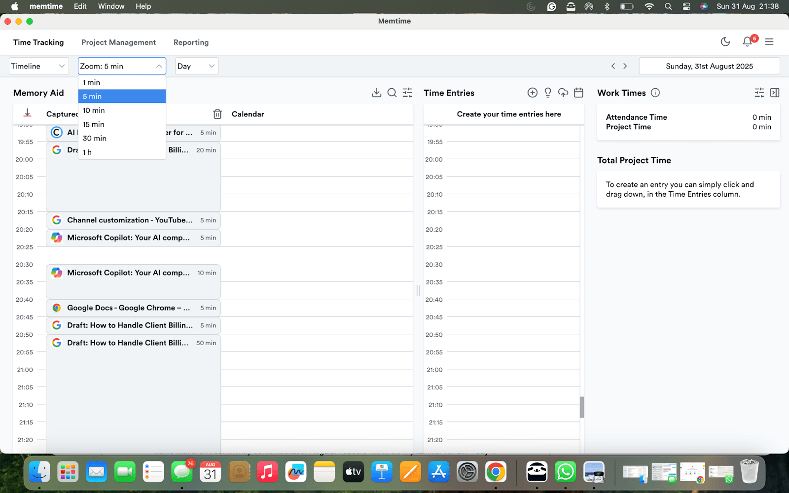 Memtime automatic time tracking interface