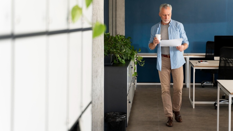 Manager walking through office to check on employees
