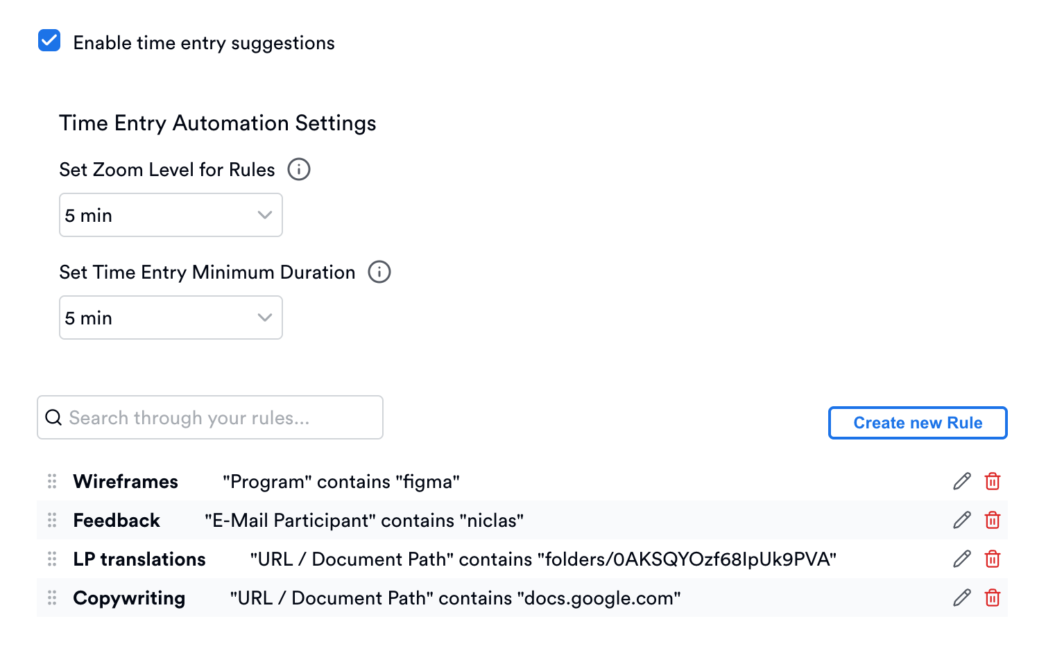 Automated time entry suggestion rules in Memtime