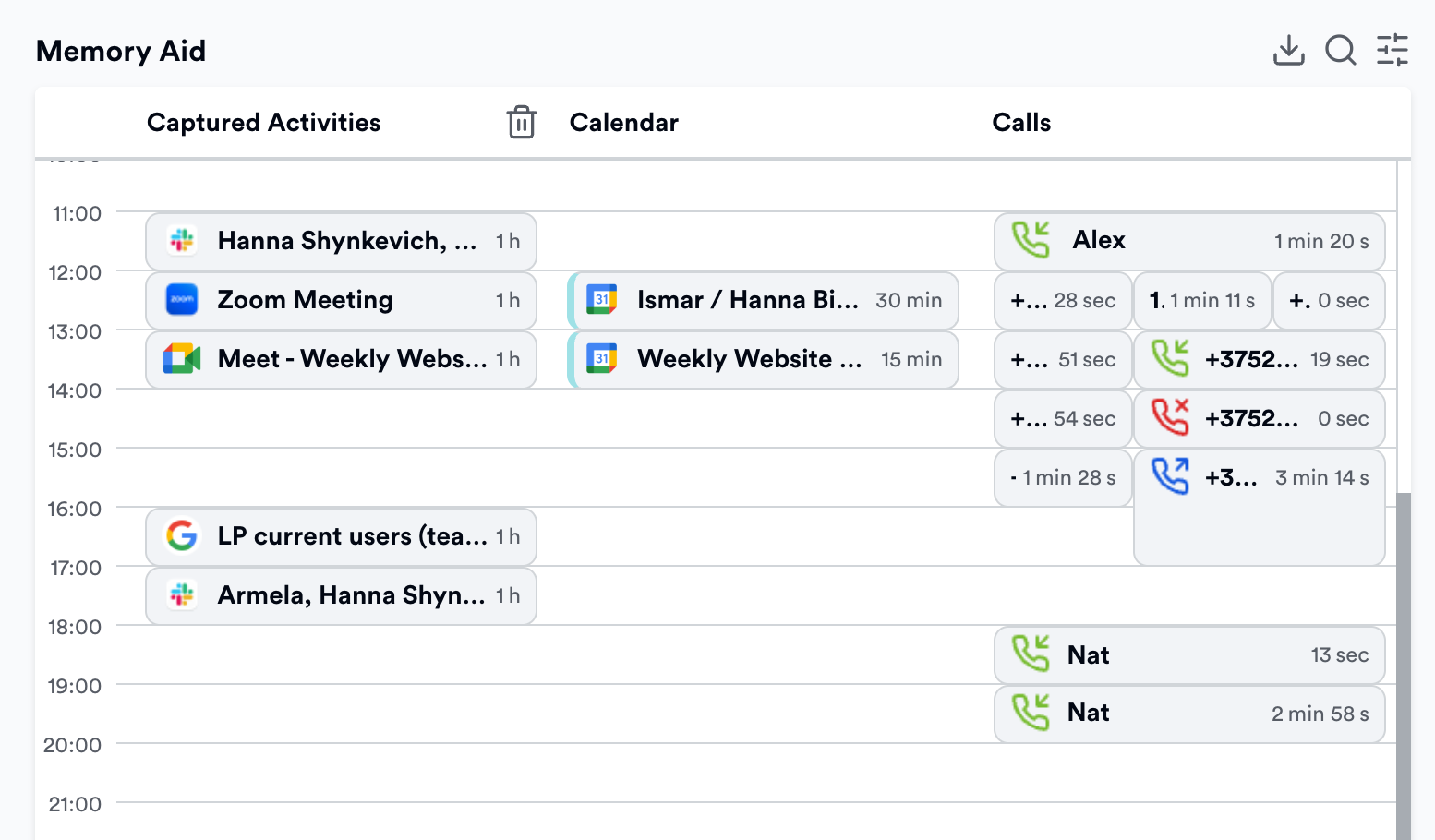 Automatic phone call tracking in Memtime