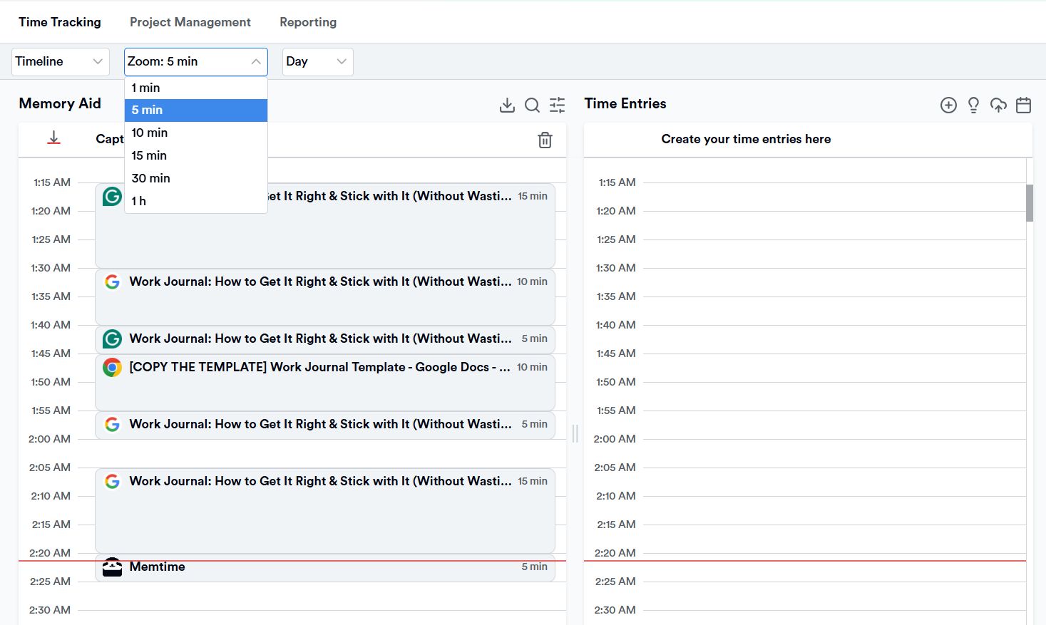 A preview of Memtime's automatic timeline
