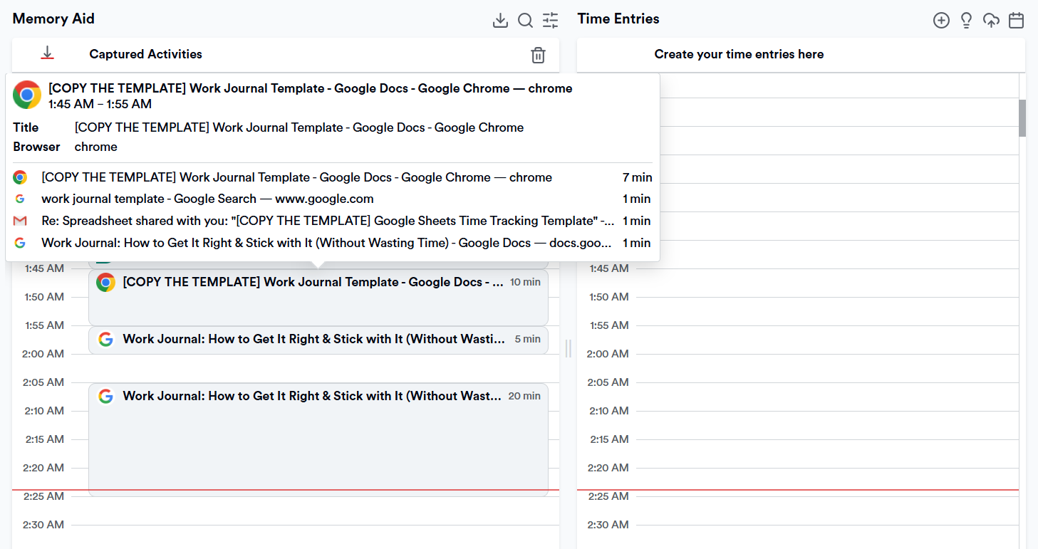 Zooming in on the details in Memtime, as a form of reviewing one's personal log