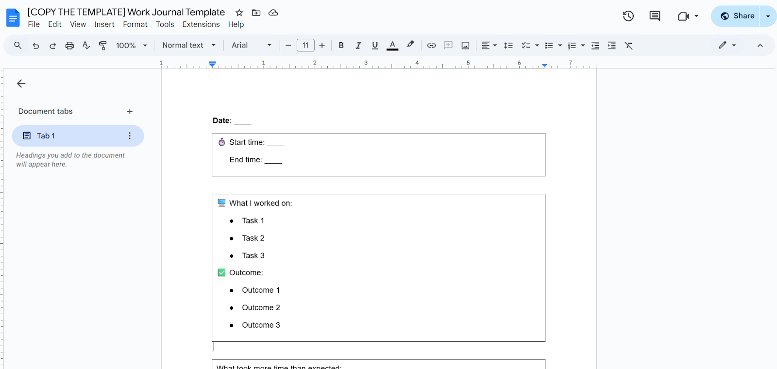 A preview of the work journal template