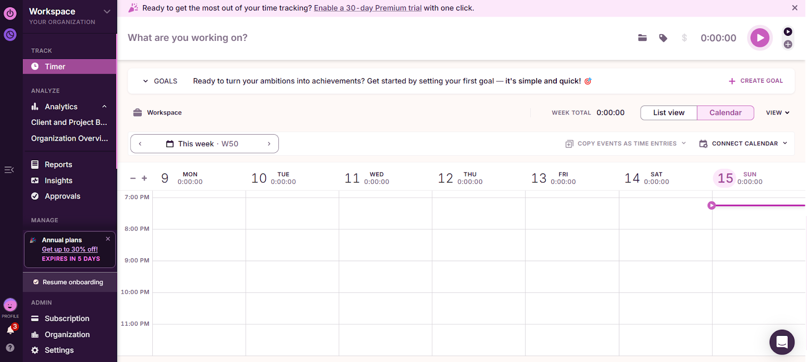 Toggl Track interface