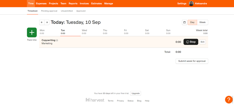 Harvest time tracking software - interface