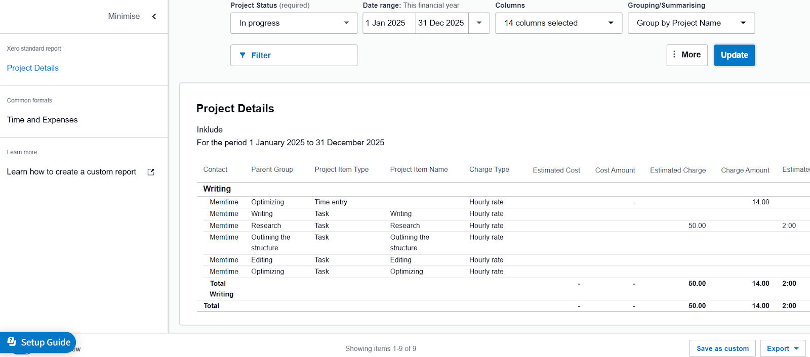 Project details in Xero