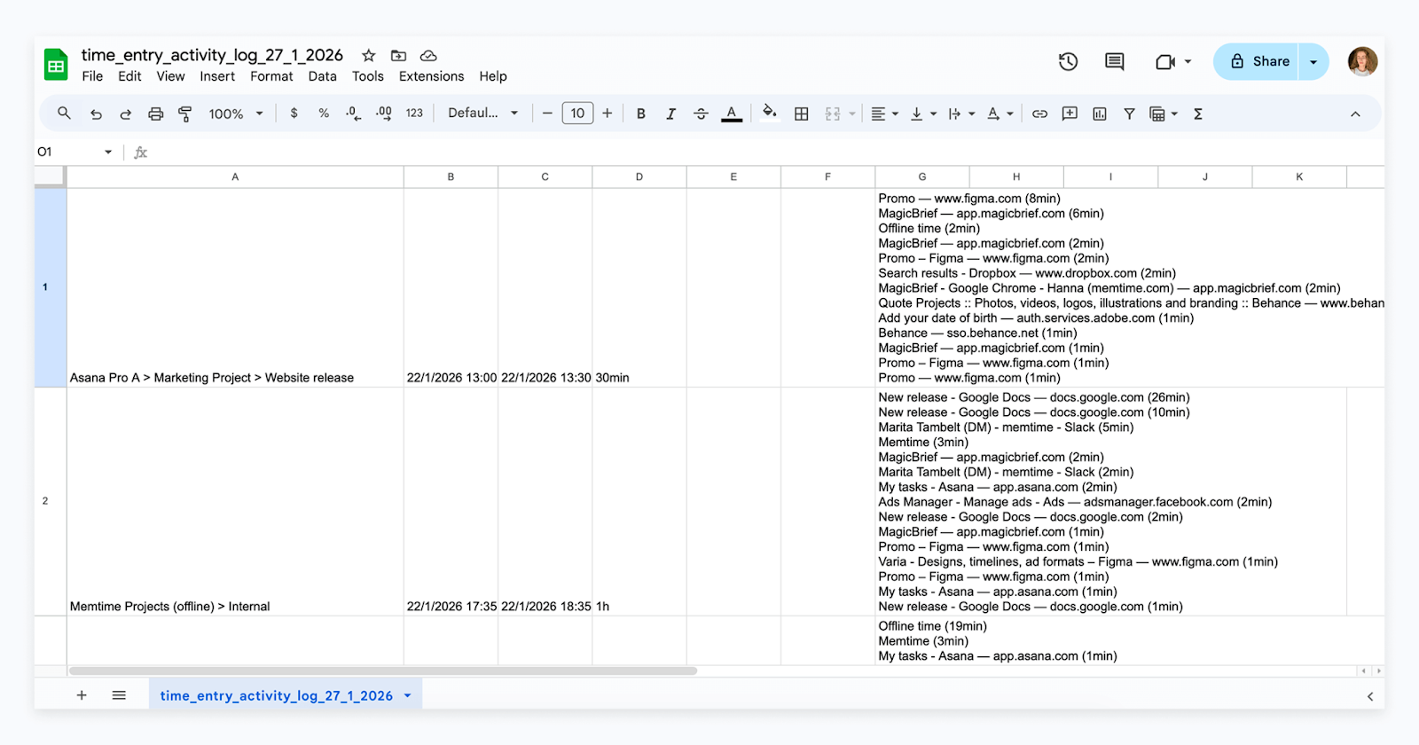 New Time Entry Activity Log report