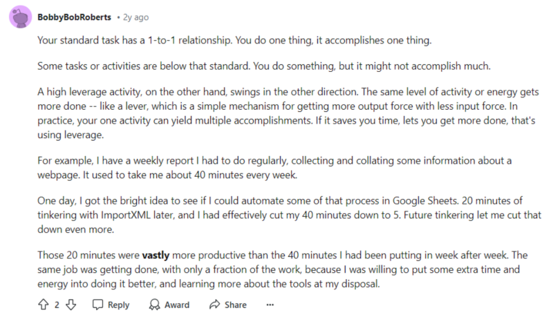 Reddit users discussing task leverage - second screenshot