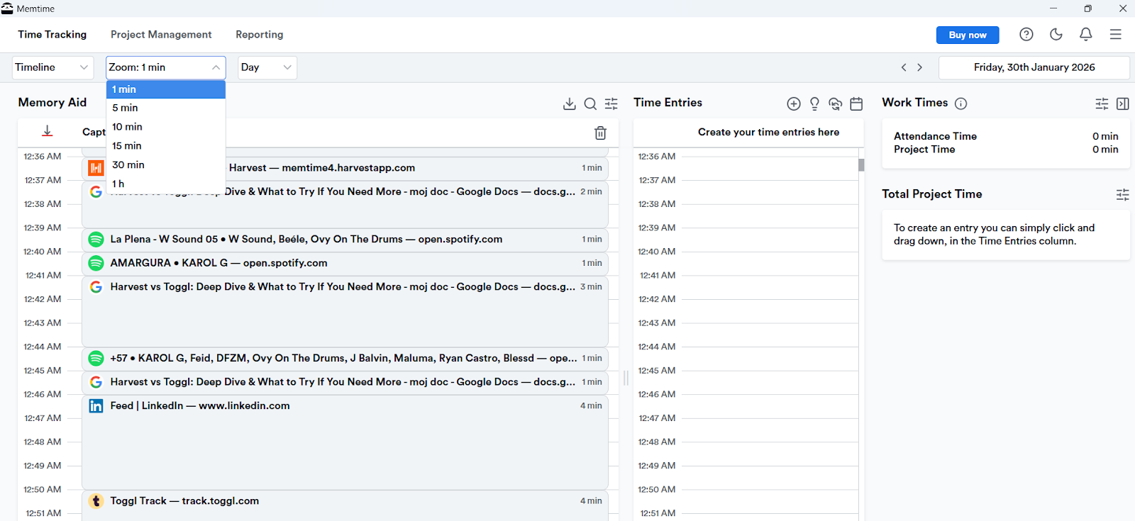 Memtime's automatic timeline