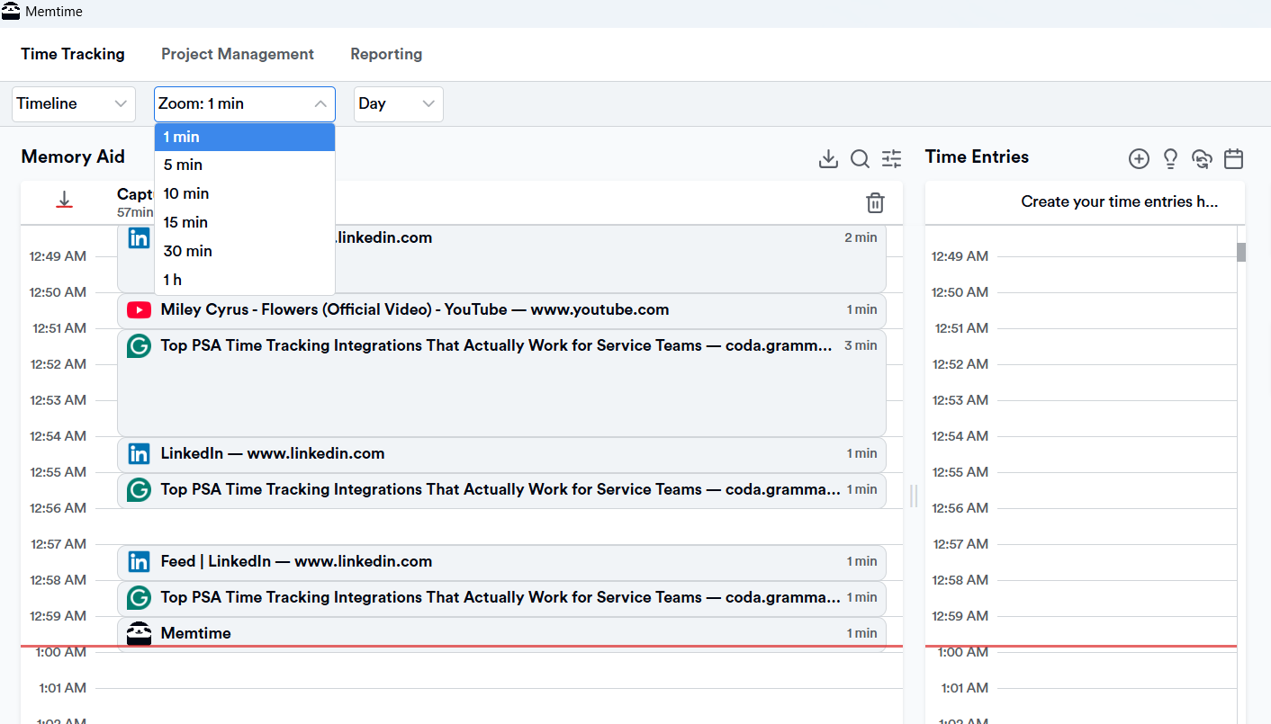 Memtime's automatic timeline