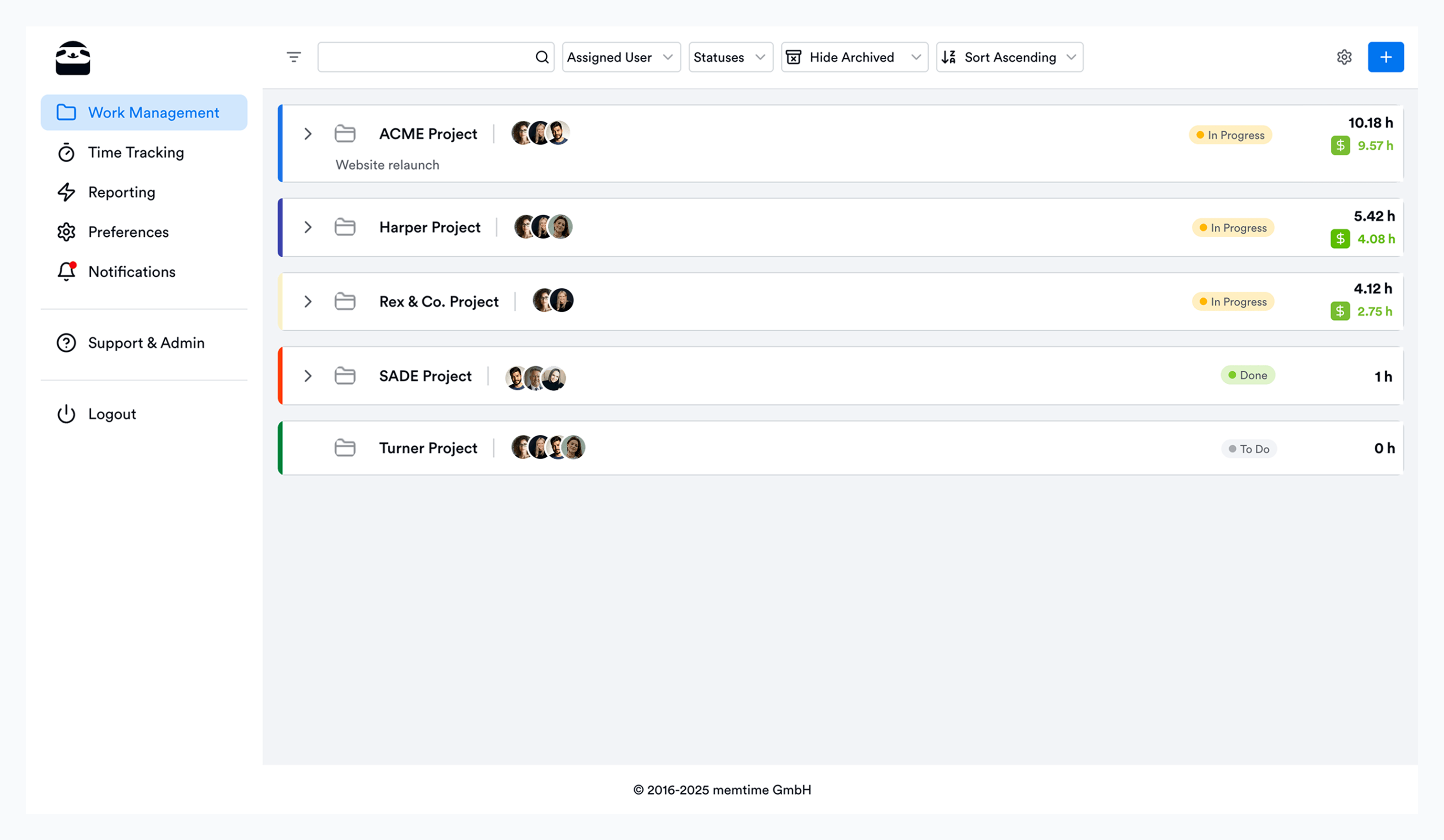Memtime Projects interface