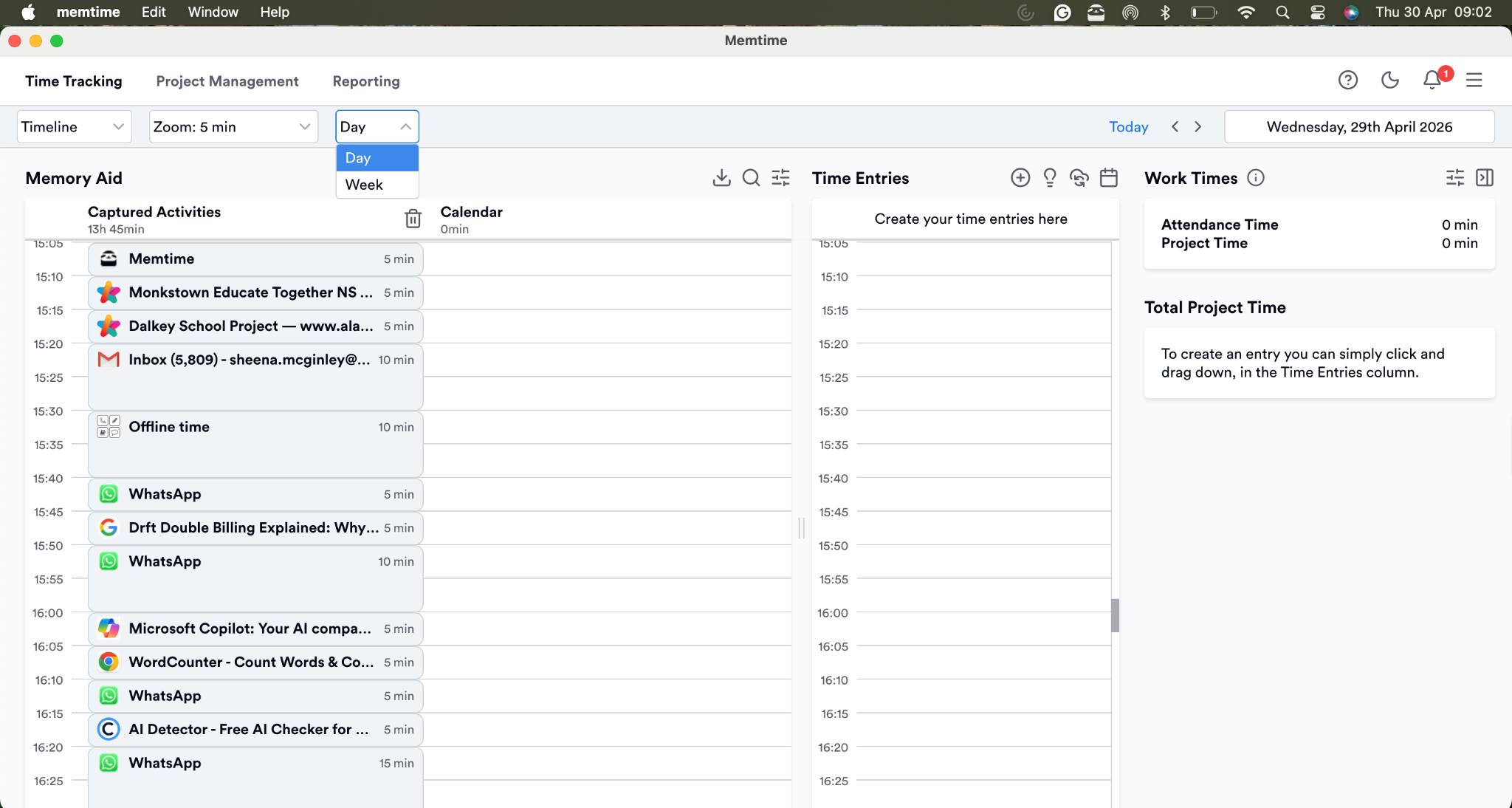 Memtime capturing workday activity