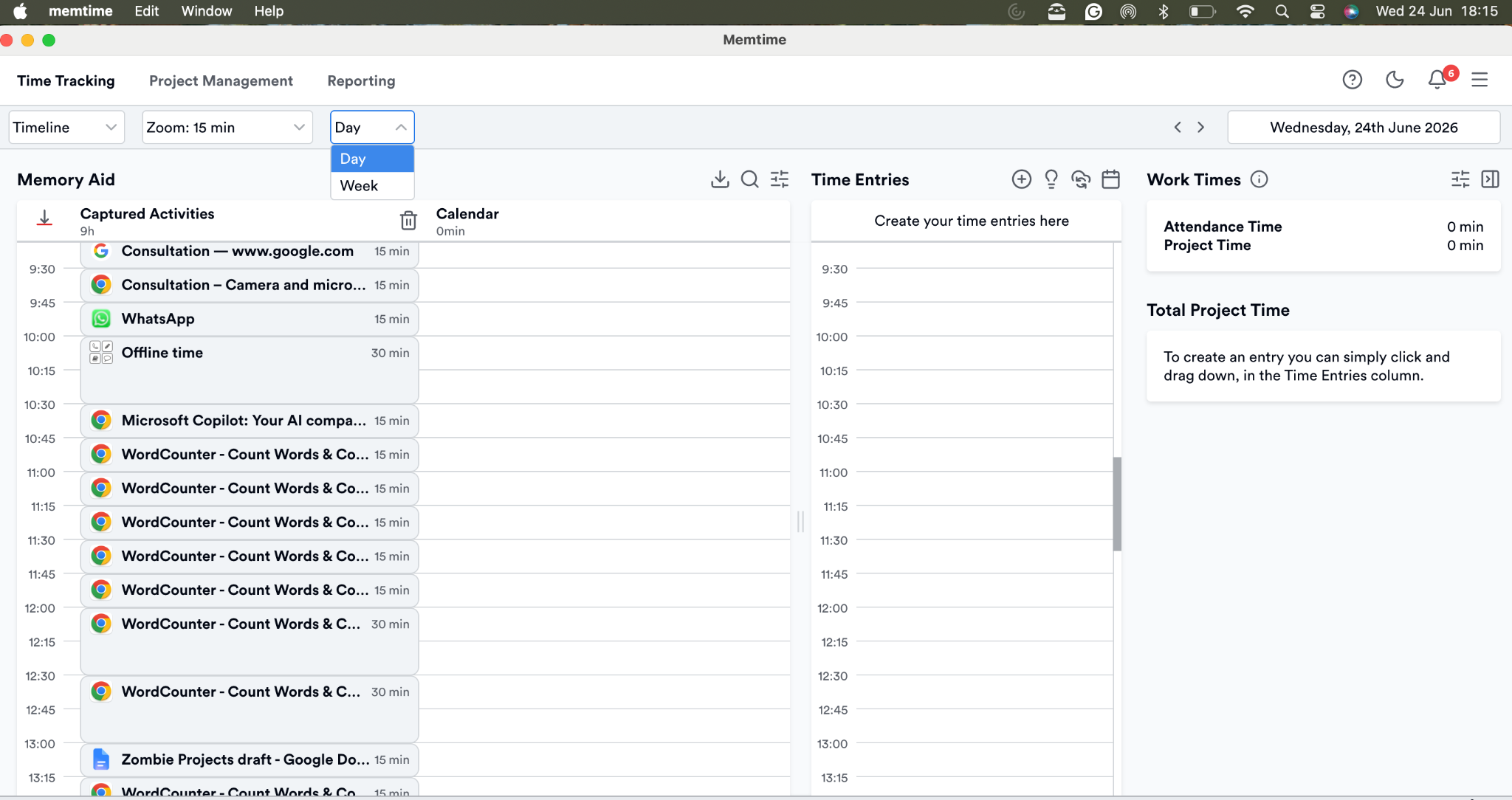 Memtime tracking time in 15 minute increments