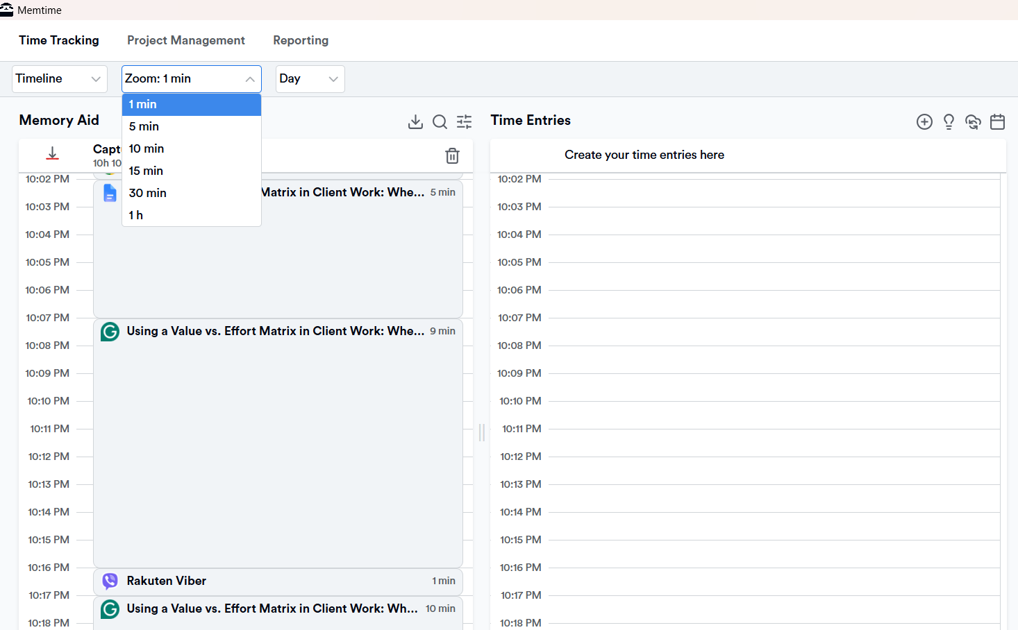 Memtime's automatic timeline