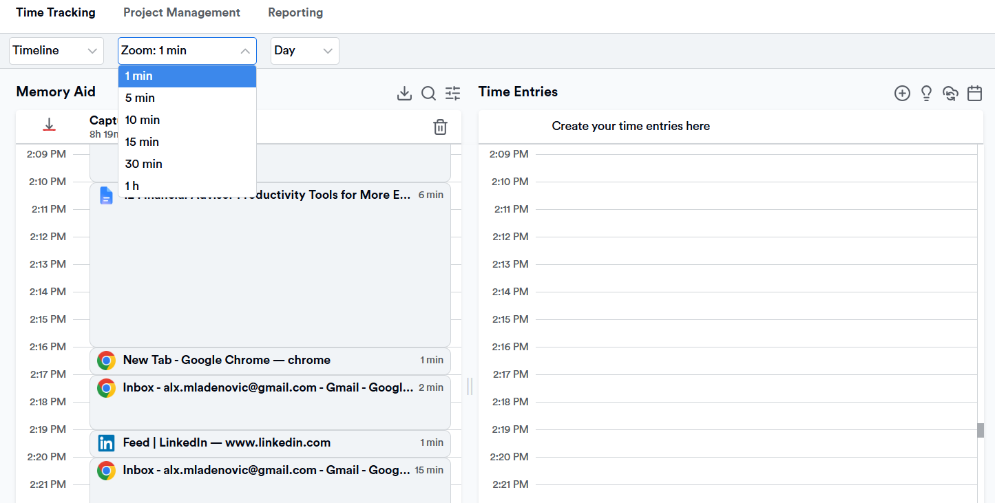 Memtime's automatic timeline