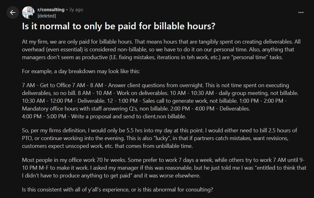 Screenshot of a Reddit thread in r/consulting discussing billable vs. non-billable hours