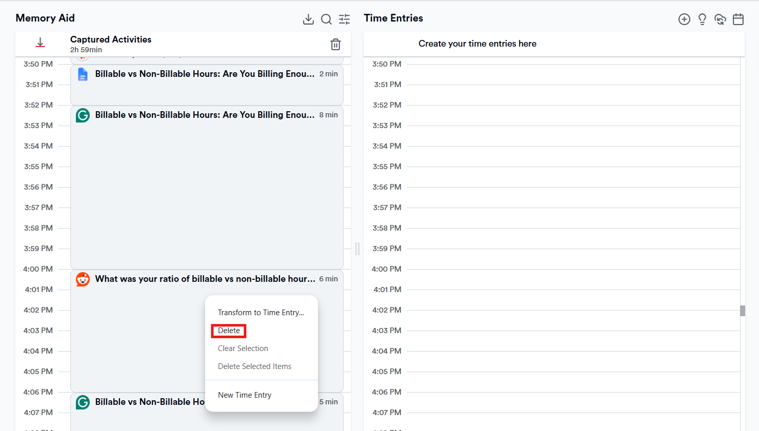 Deleting activity in Memtime