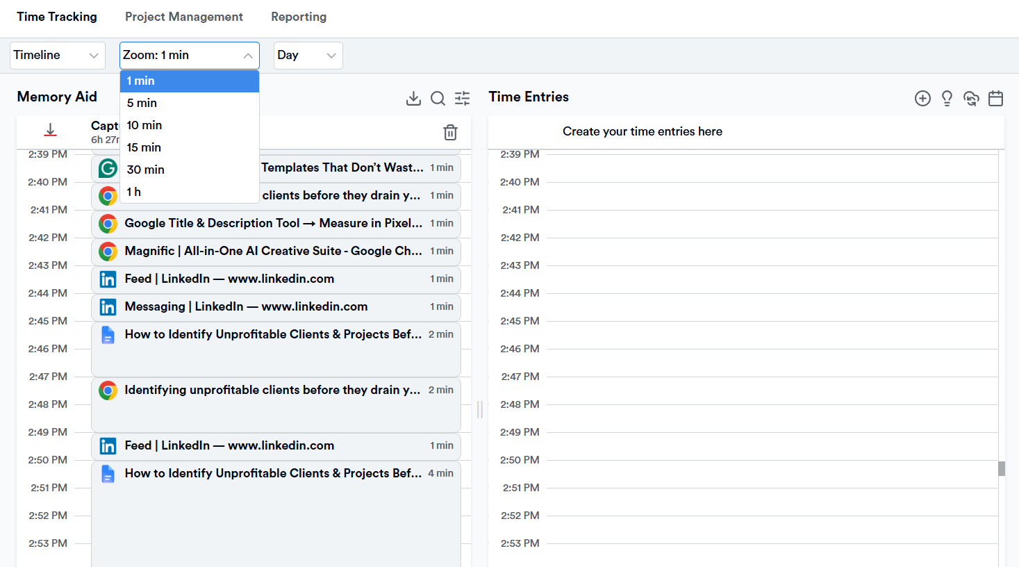 Memtime's automatic timeline