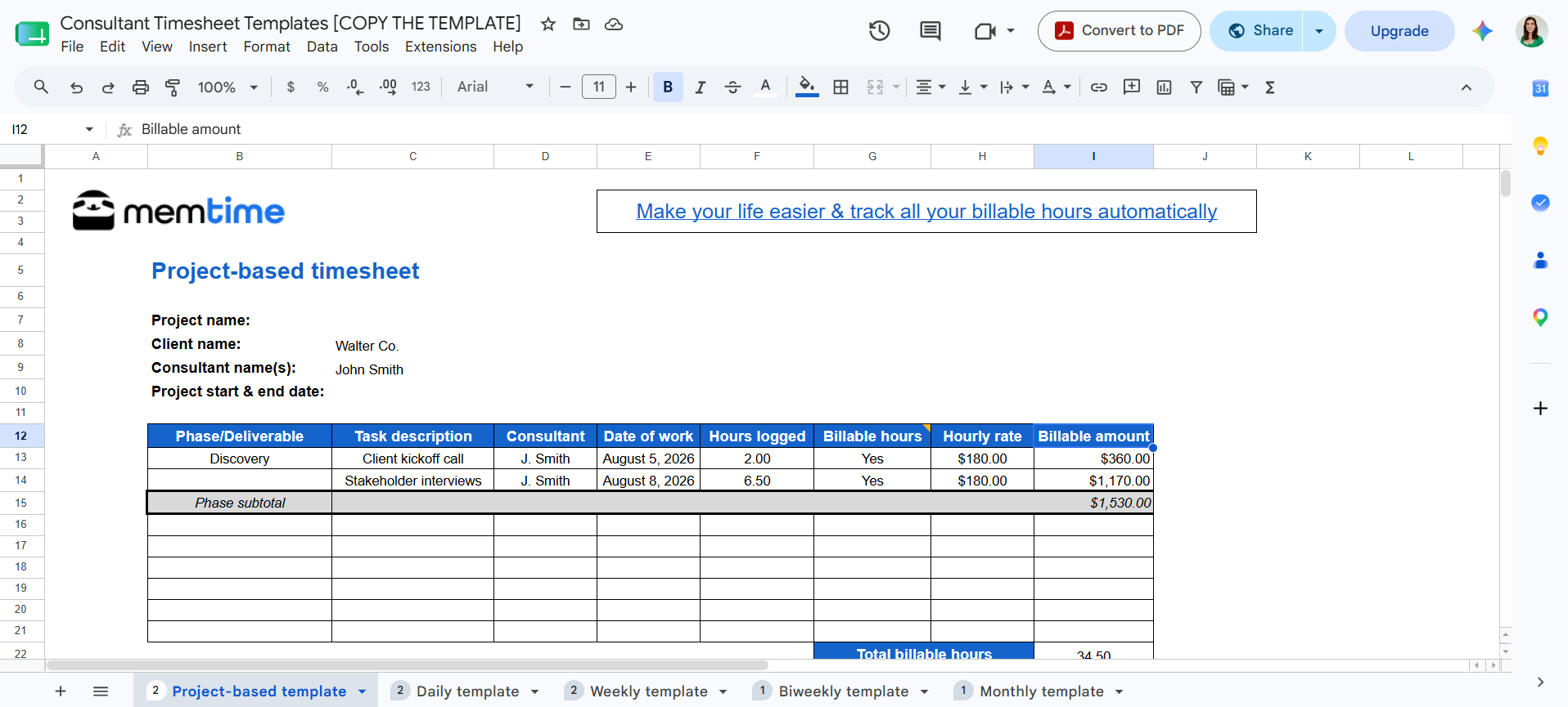 5 consultant timesheet templates in one document