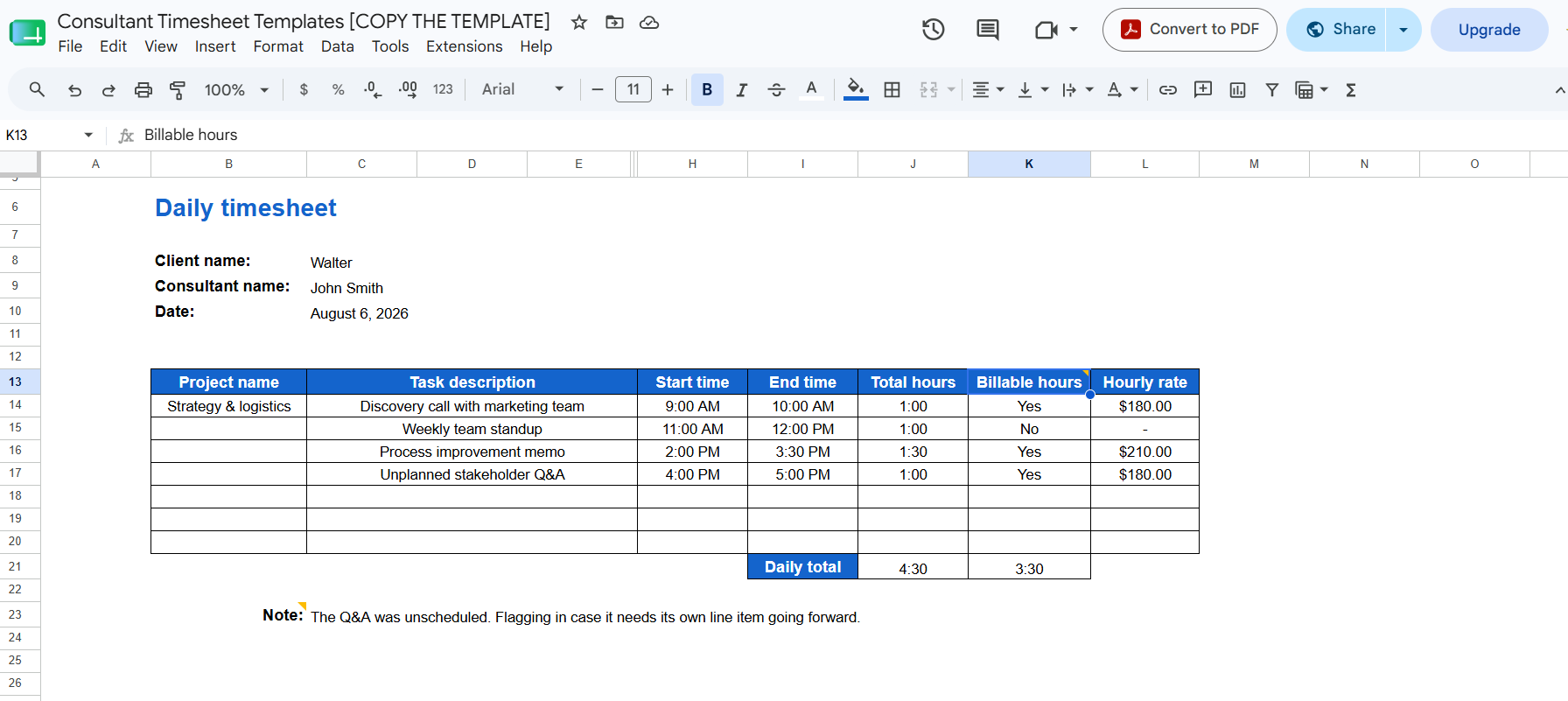 Daily consultant timesheet template