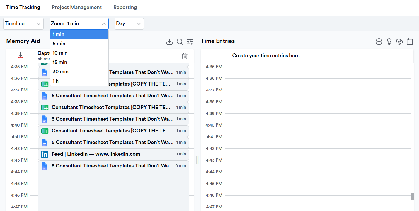 Memtime's automatic timeline