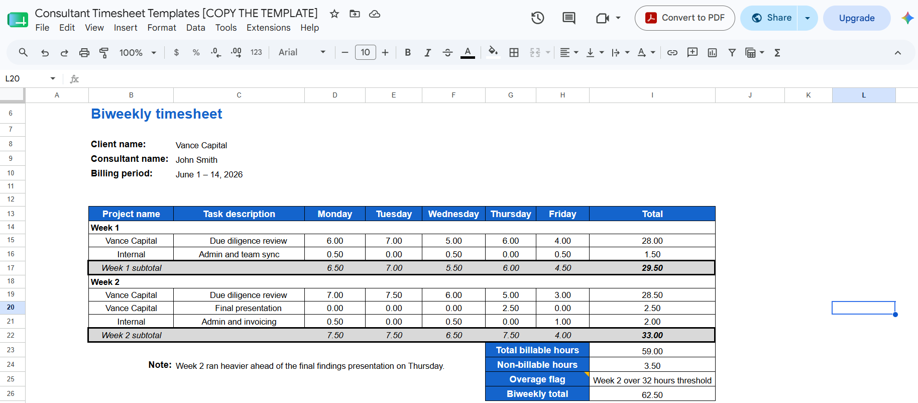 Biweekly consultant timesheet template