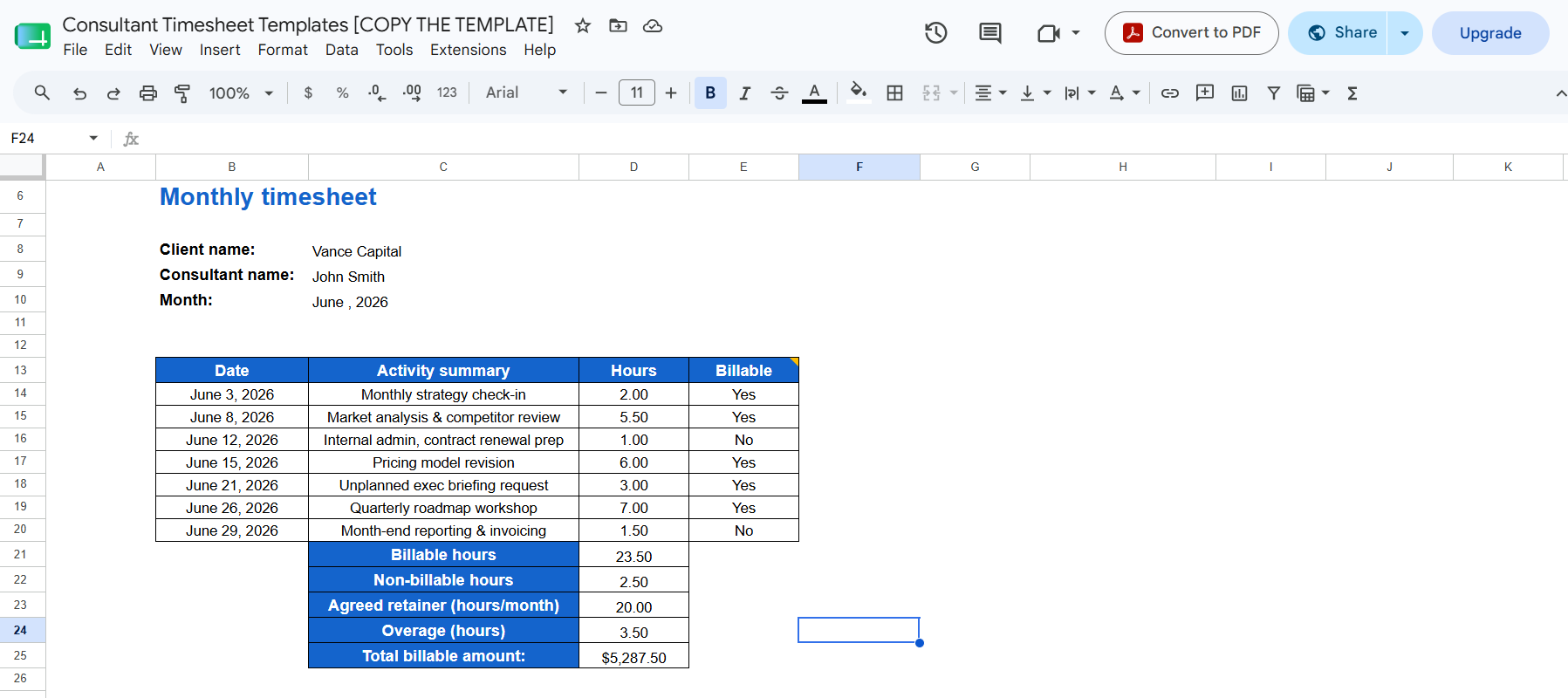 Monthly consultant timesheet template