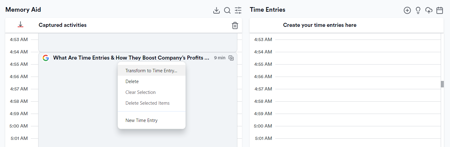 Transform to Time Entry option