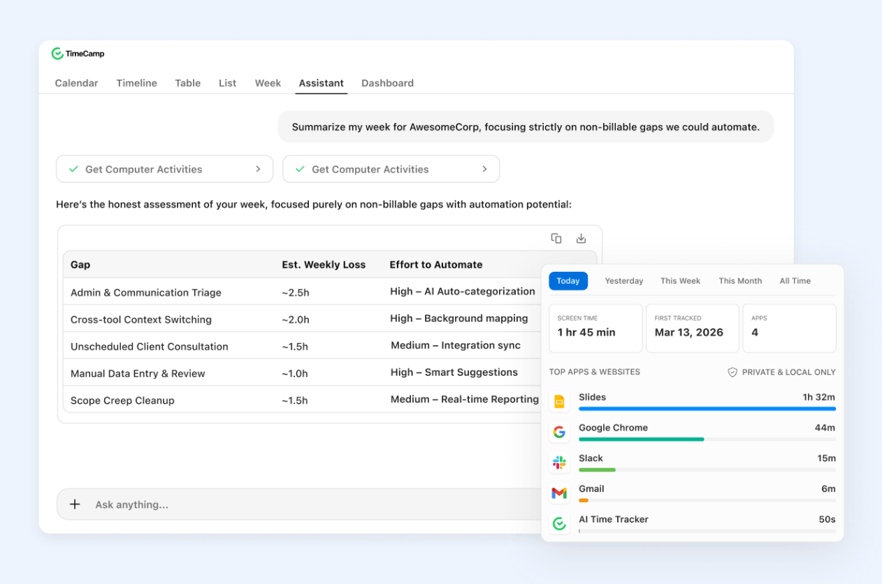 TimeCamp's AI Time Tracker