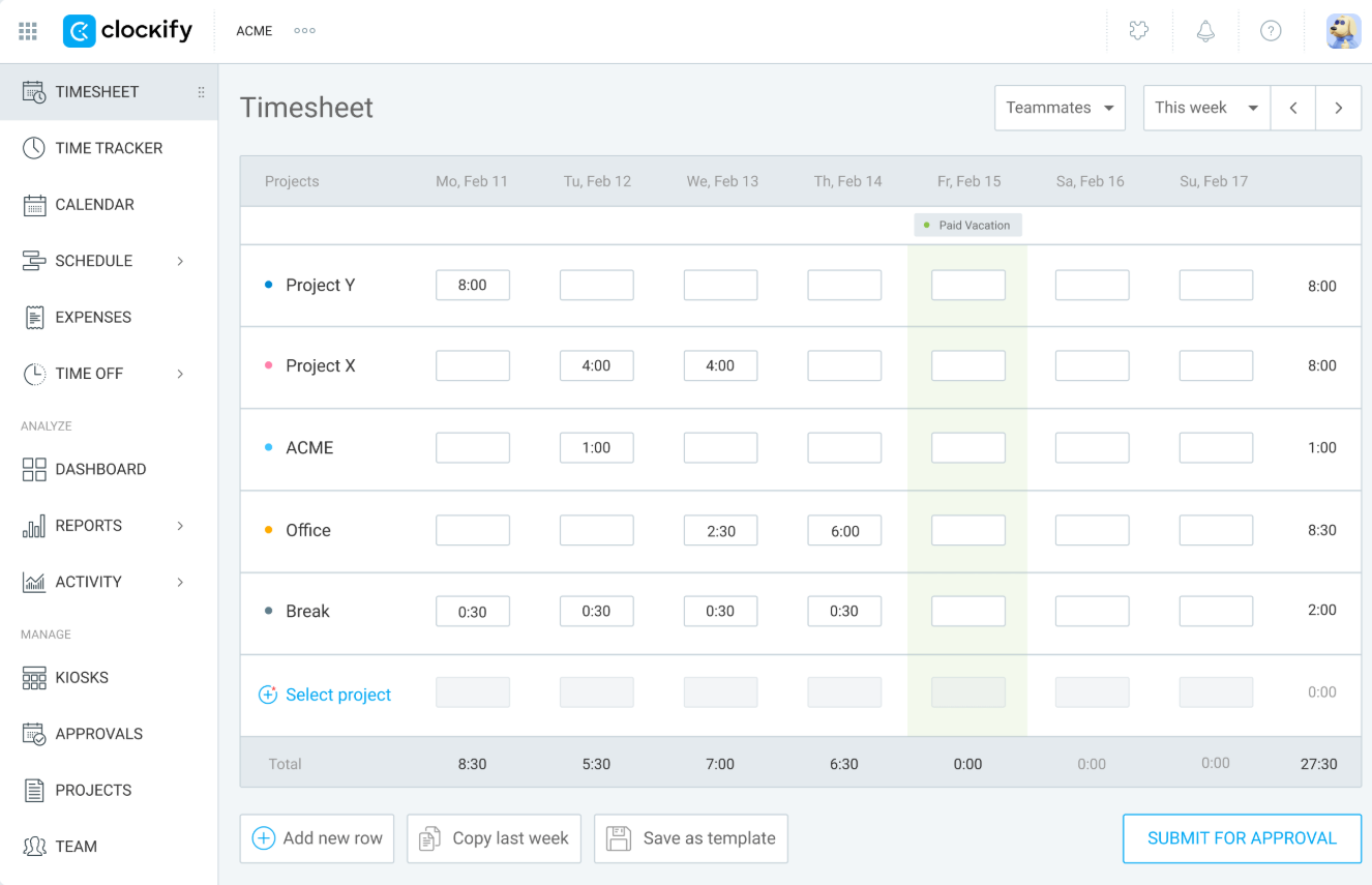 Clockify's interface