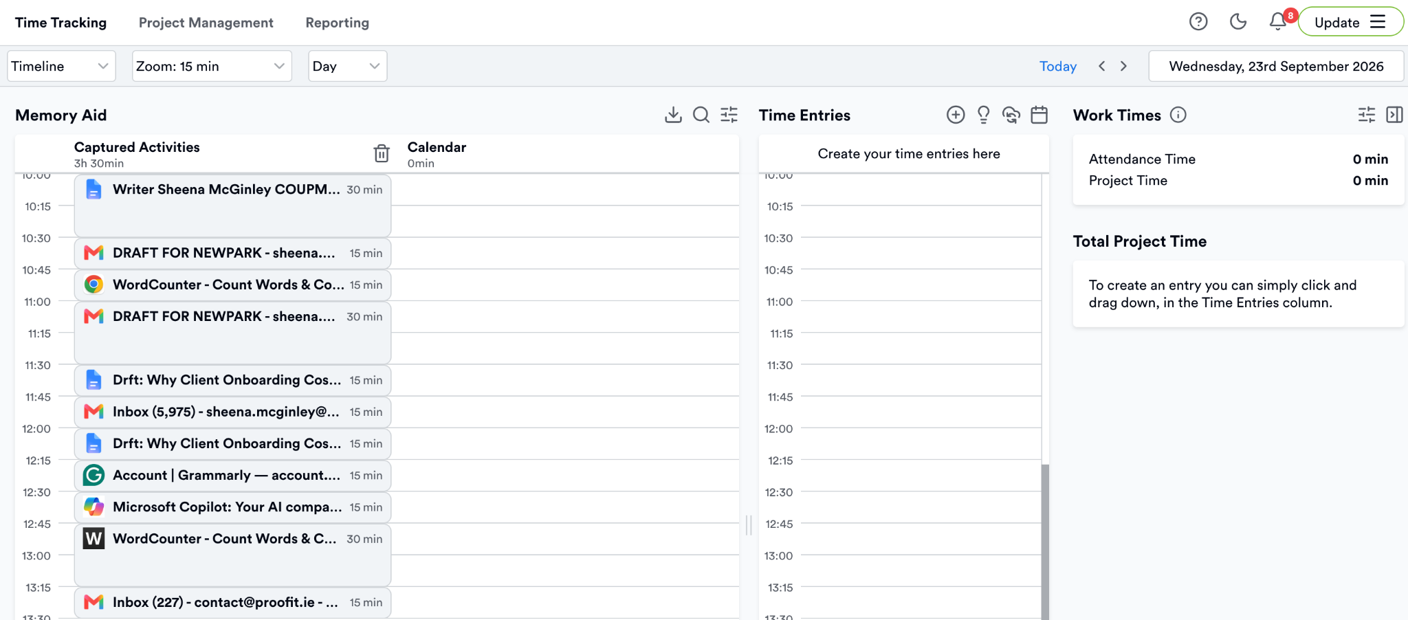 Memtime's timeline