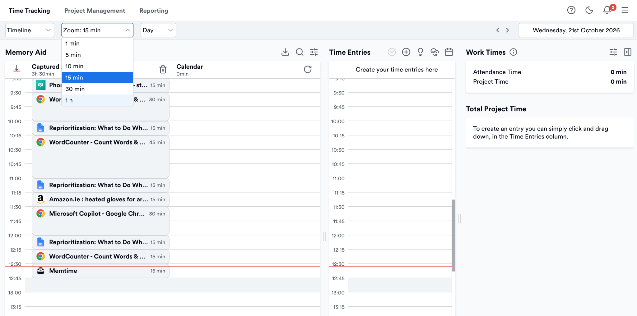 Time data collected by Memtime