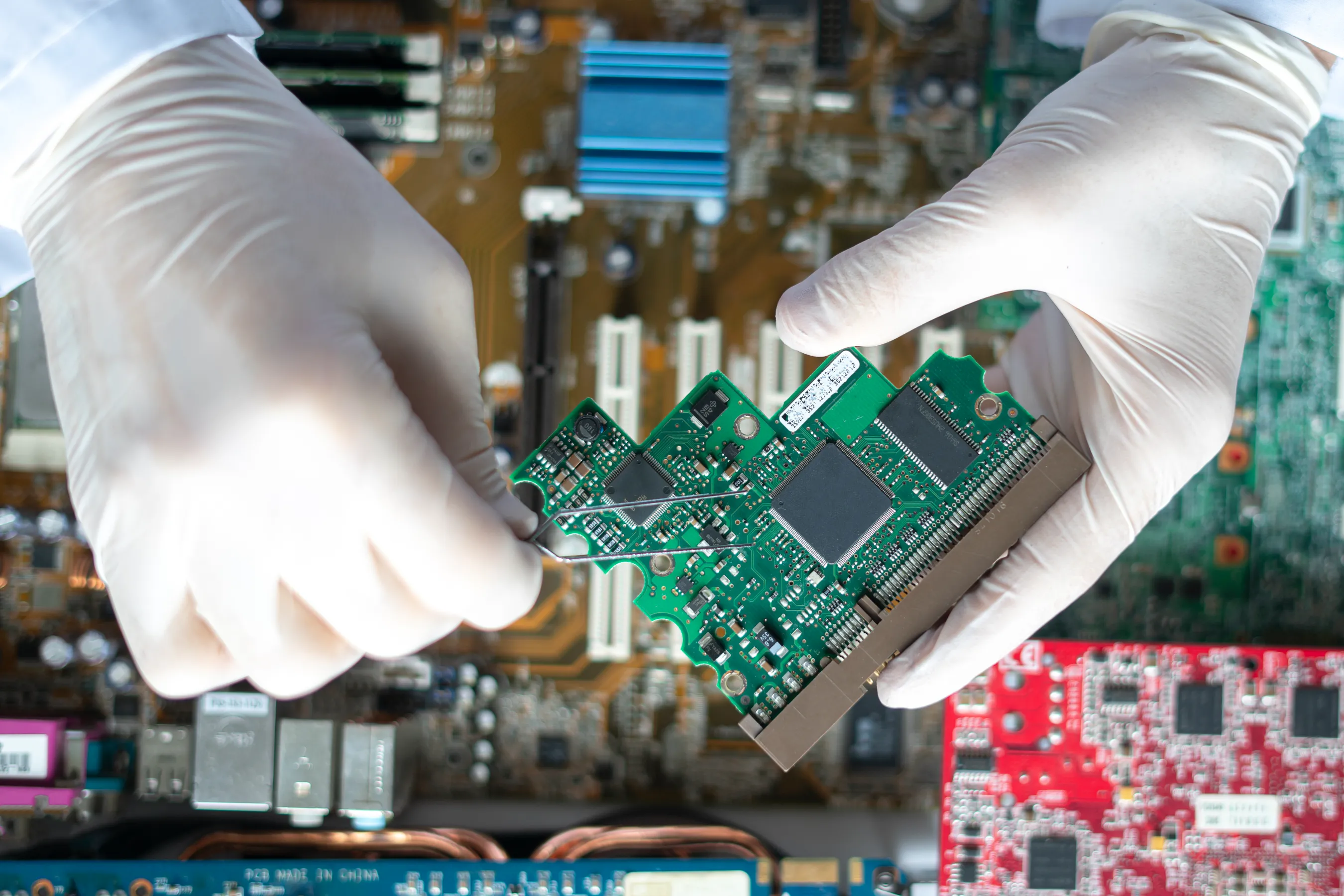 A technician wearing white gloves carefully examines a green printed circuit board (PCB), inspecting the solder points and components for accuracy during the expert materials procurement phase. This ensures the highest quality of materials used for PCB assembly.