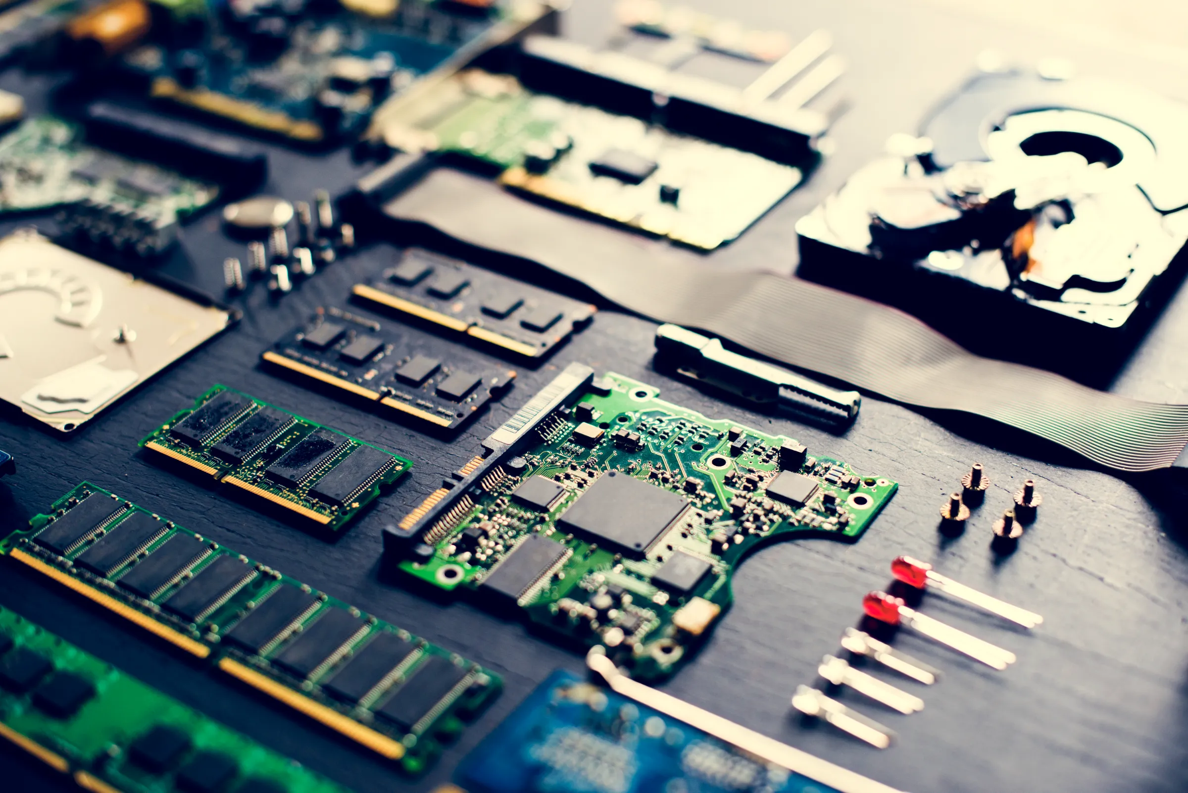 Various electronic components including RAM sticks, processors, and circuit boards, ready for integration in turnkey PCB assembly services. The image showcases the wide range of components involved in a full assembly process.