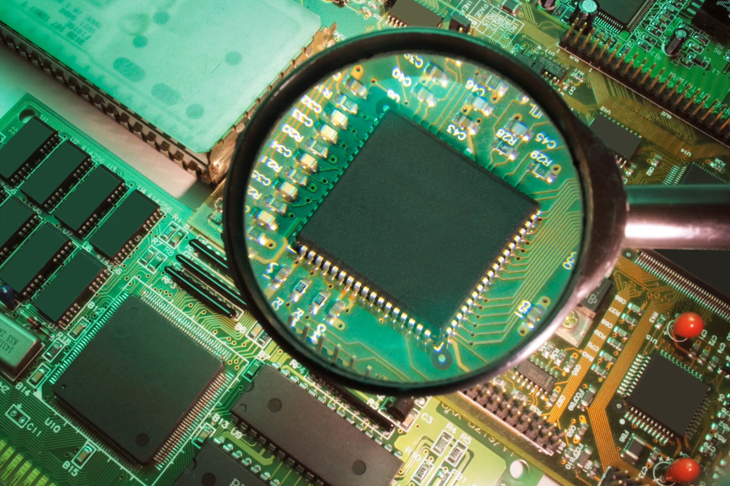 A magnified view of a PCB under inspection, with the components and solder joints carefully scrutinized for defects. This is part of the AOI (Automated Optical Inspection) and visual PCB inspection process to ensure high-quality standards are met before shipment.