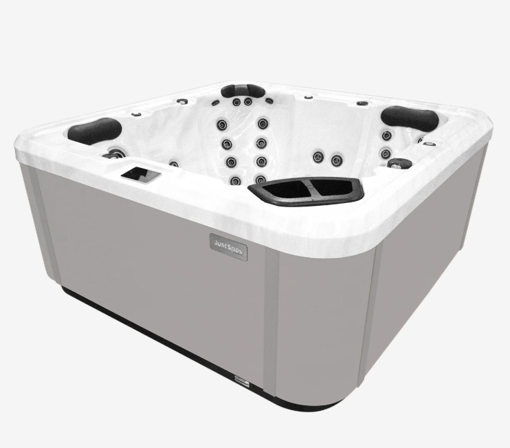 Square gray and white hot tub with multiple black jets, headrests, and a built-in control panel and cup holders.