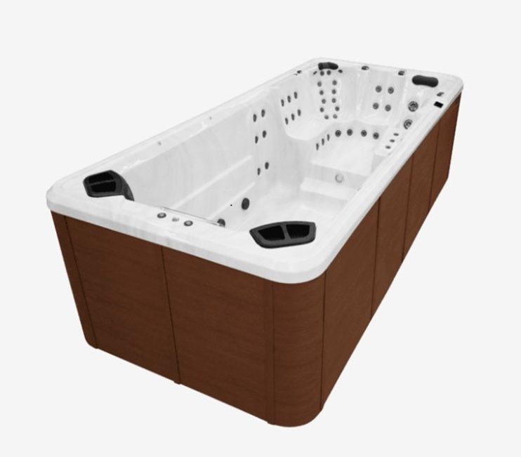 Rectangular swim spa with white interior and brown wood-paneled exterior, featuring multiple jet nozzles and two black headrests.