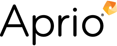 Aprio company logo with stylized orange and yellow abstract shape at the top right.