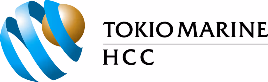 Tokio Marine HCC logo with a blue ribbon-like globe and gold sphere graphic.