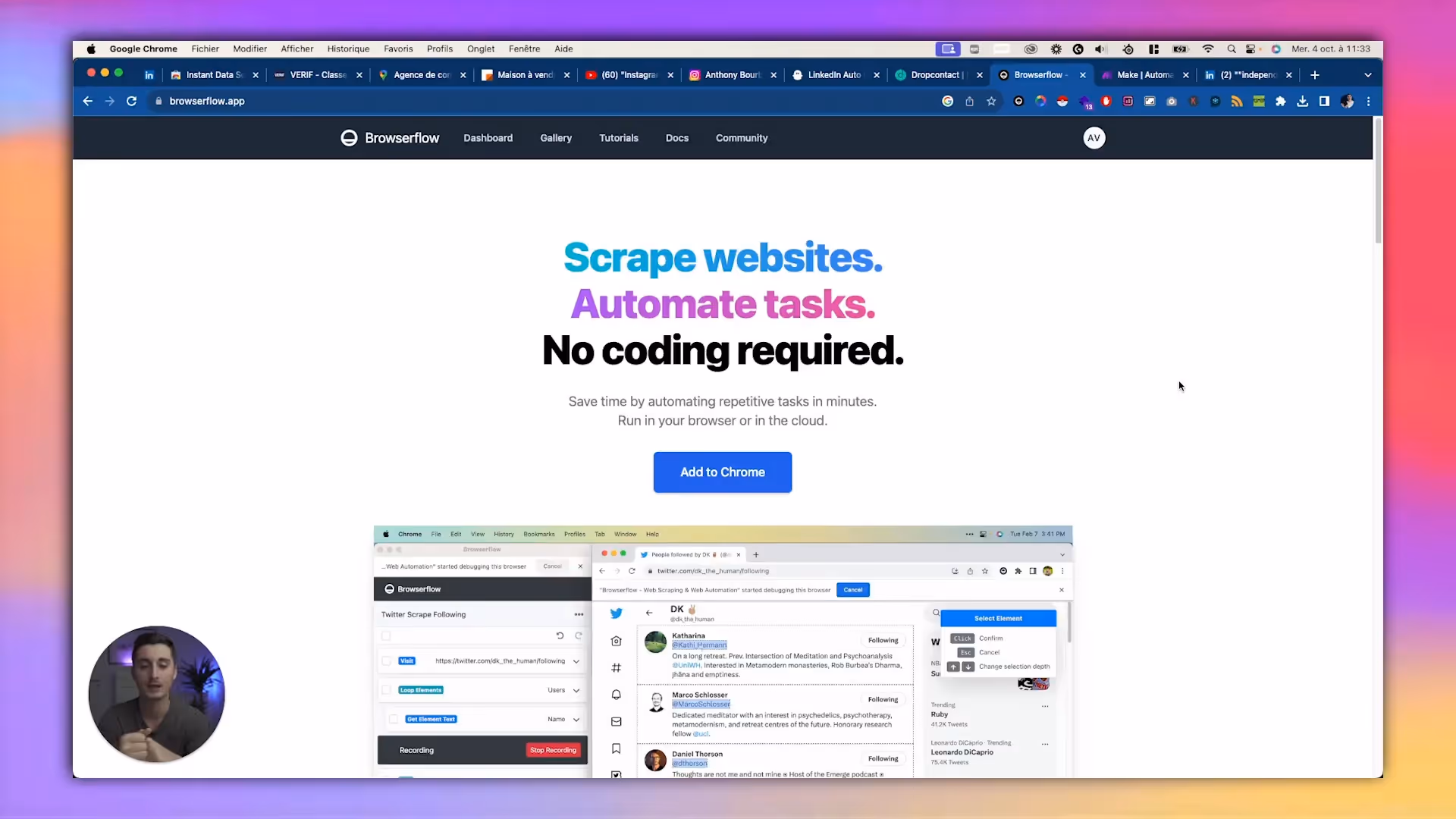 Interface de Browser Flow montrant les flux d'automatisation