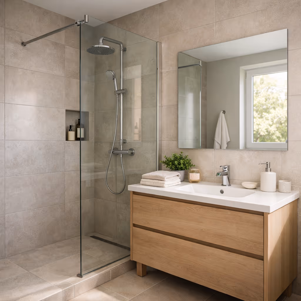 Modernes Badezimmer mit begehbarer Dusche mit Glaswand und Holzmöbel-Waschtisch unter großem Spiegel.