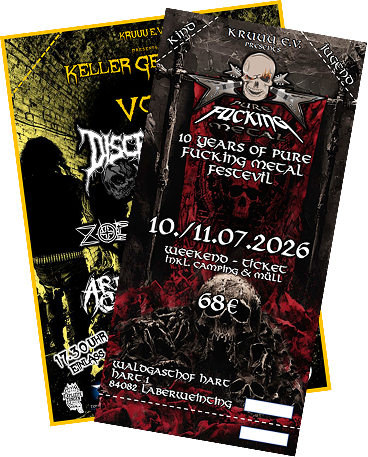 Two overlapping metal music festival tickets with dark, intense designs featuring skulls, band logos, and event details for a July 2026 festival.