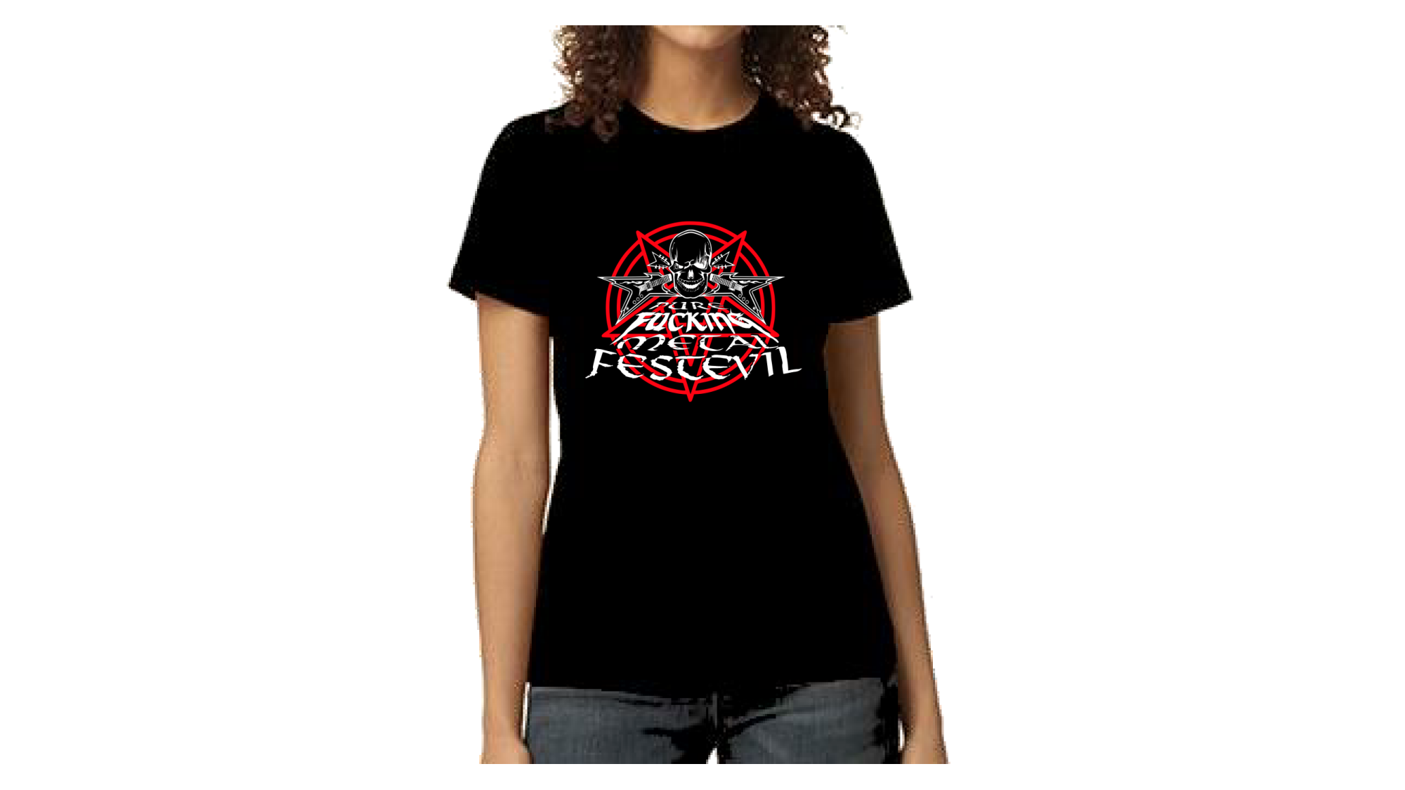 Black zip-up hoodie with red and white festival design featuring band logos and a hooded figure on the back, a pentagram logo on the front chest, and band logos on both sleeves.