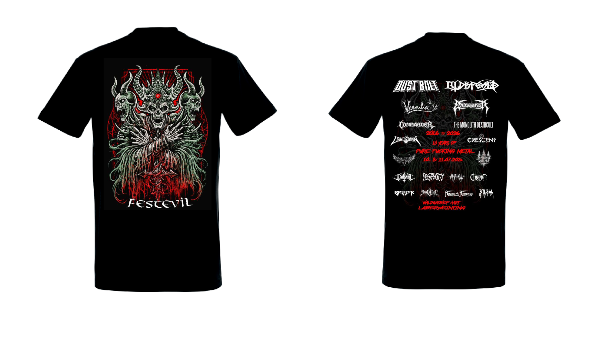 Black zip-up hoodie with red and white festival design featuring band logos and a hooded figure on the back, a pentagram logo on the front chest, and band logos on both sleeves.